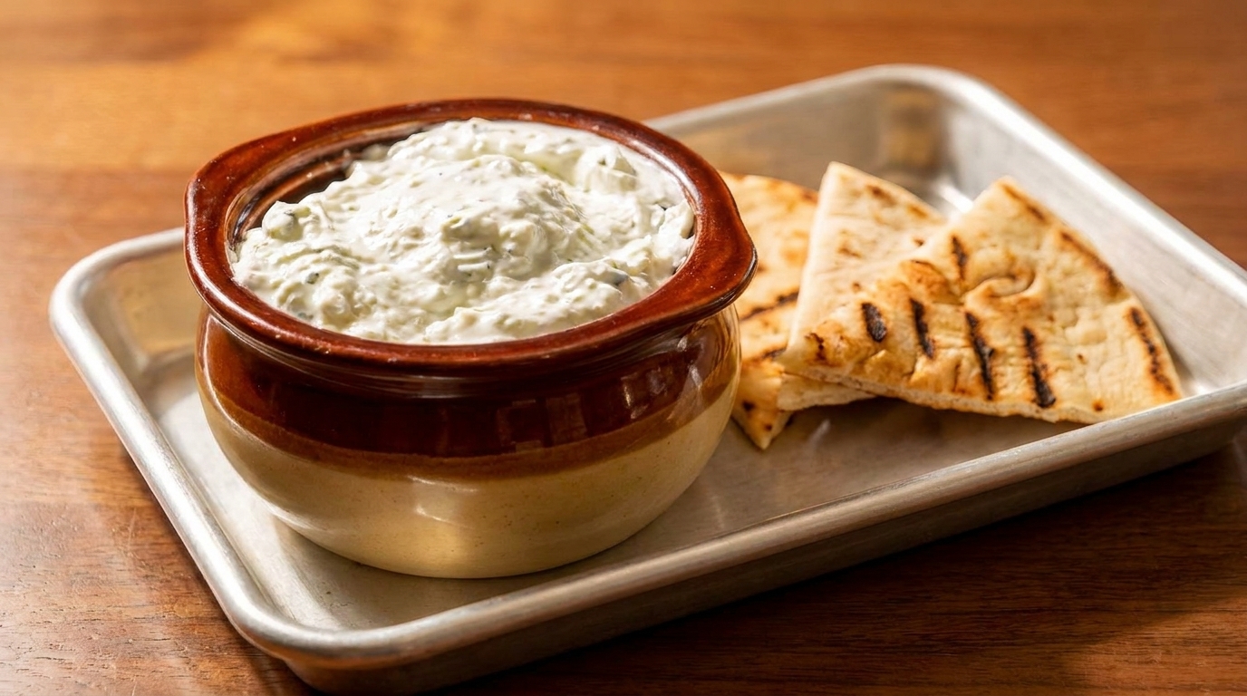 Tzatziki dip in a brown ceramic bowl with grilled pita bread on a metal tray.