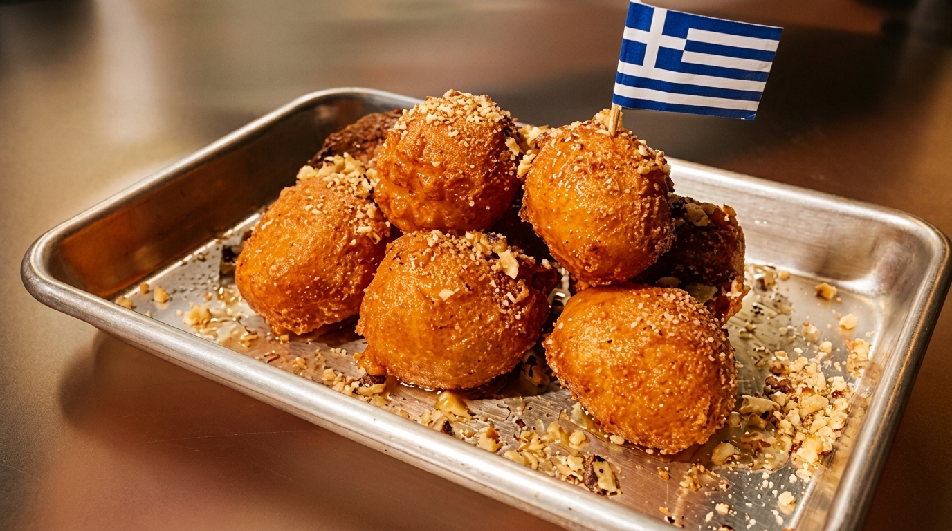 Golden Greek loukoumades, honey-drizzled and nut-topped, on a metal tray with a Greek flag.