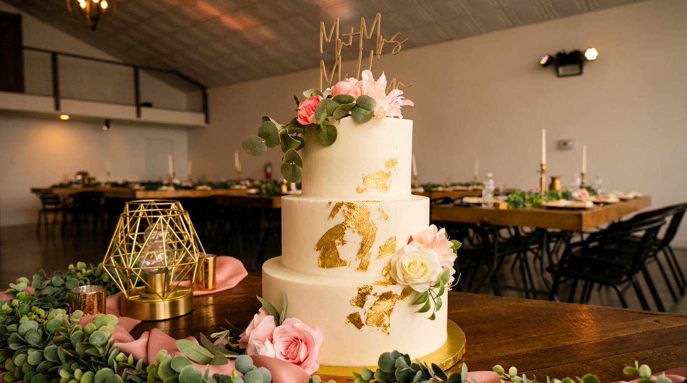 Three-tiered white wedding cake with gold leaf, pink flowers, and a "Mr + Mrs" topper.