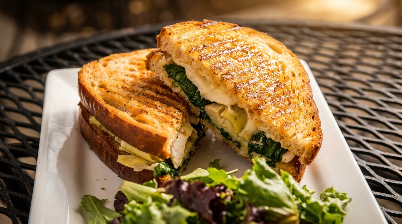 Grilled sandwich with spinach, artichoke hearts, and melted cheese, served with a side salad.