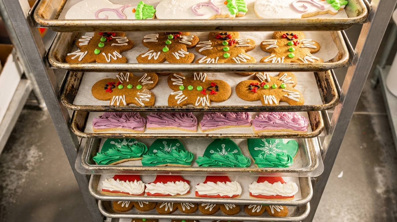 Multiple trays of freshly baked and decorated gingerbread men, Santa hats, and other holiday cookies.