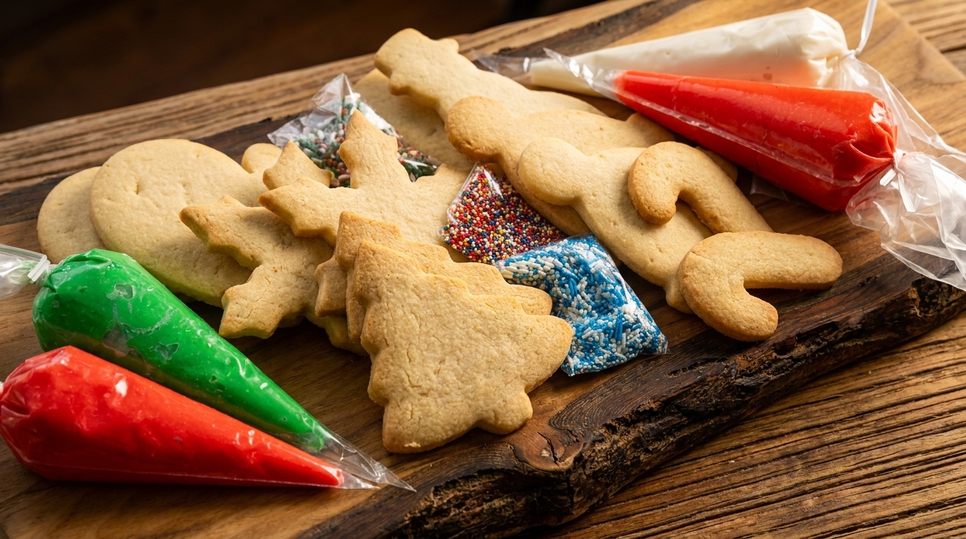 Unfrosted holiday cookies, colorful sprinkles, and icing bags on a rustic wooden board.