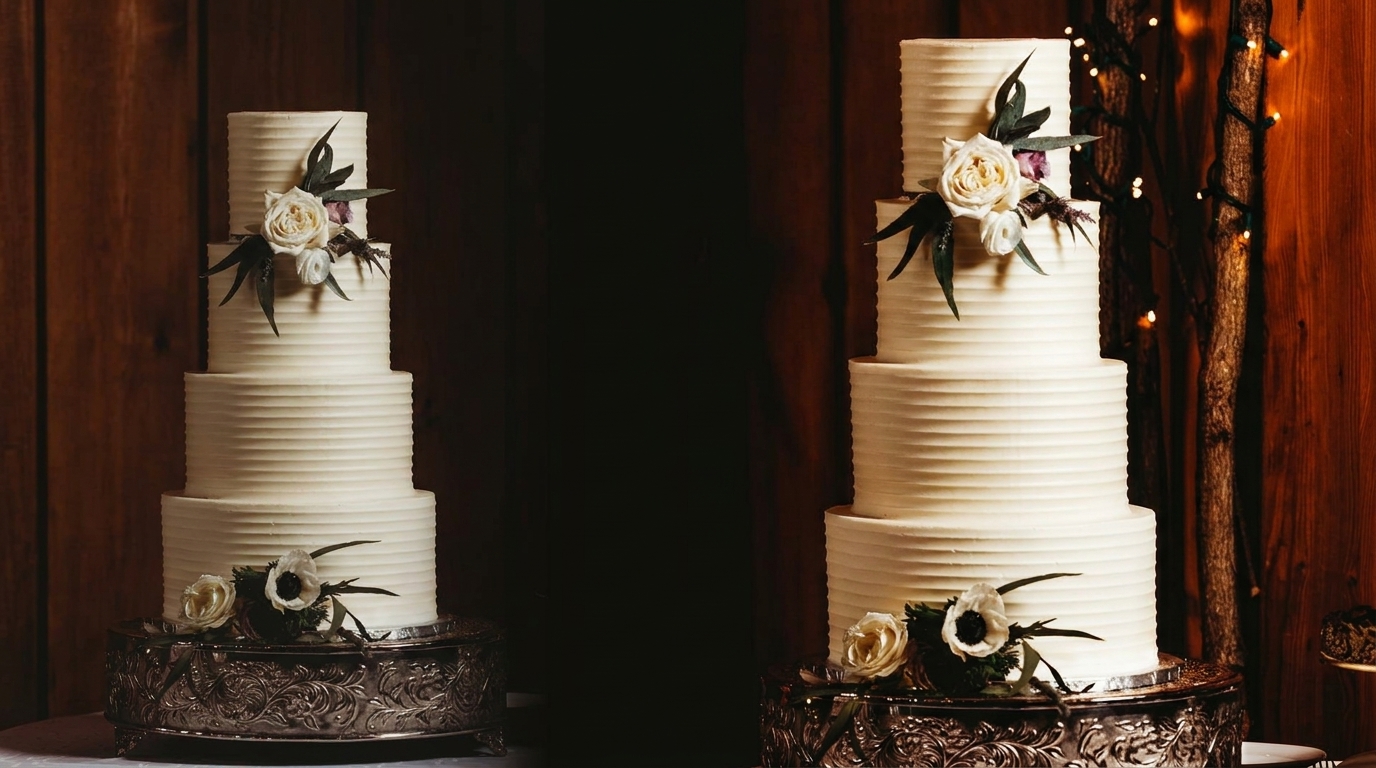 Two elegant tiered white wedding cakes with floral decorations on ornate silver stands.