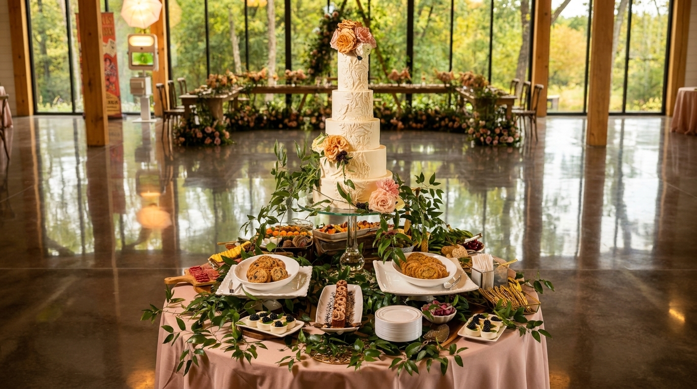A five-tier wedding cake with floral decor surrounded by desserts and snacks on a pink tablecloth.