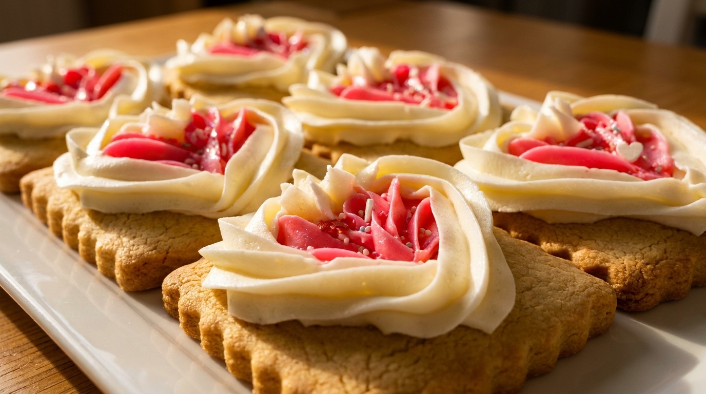 A close-up of several cookies with white and pink frosting, adorned with sprinkles, on a white plate.