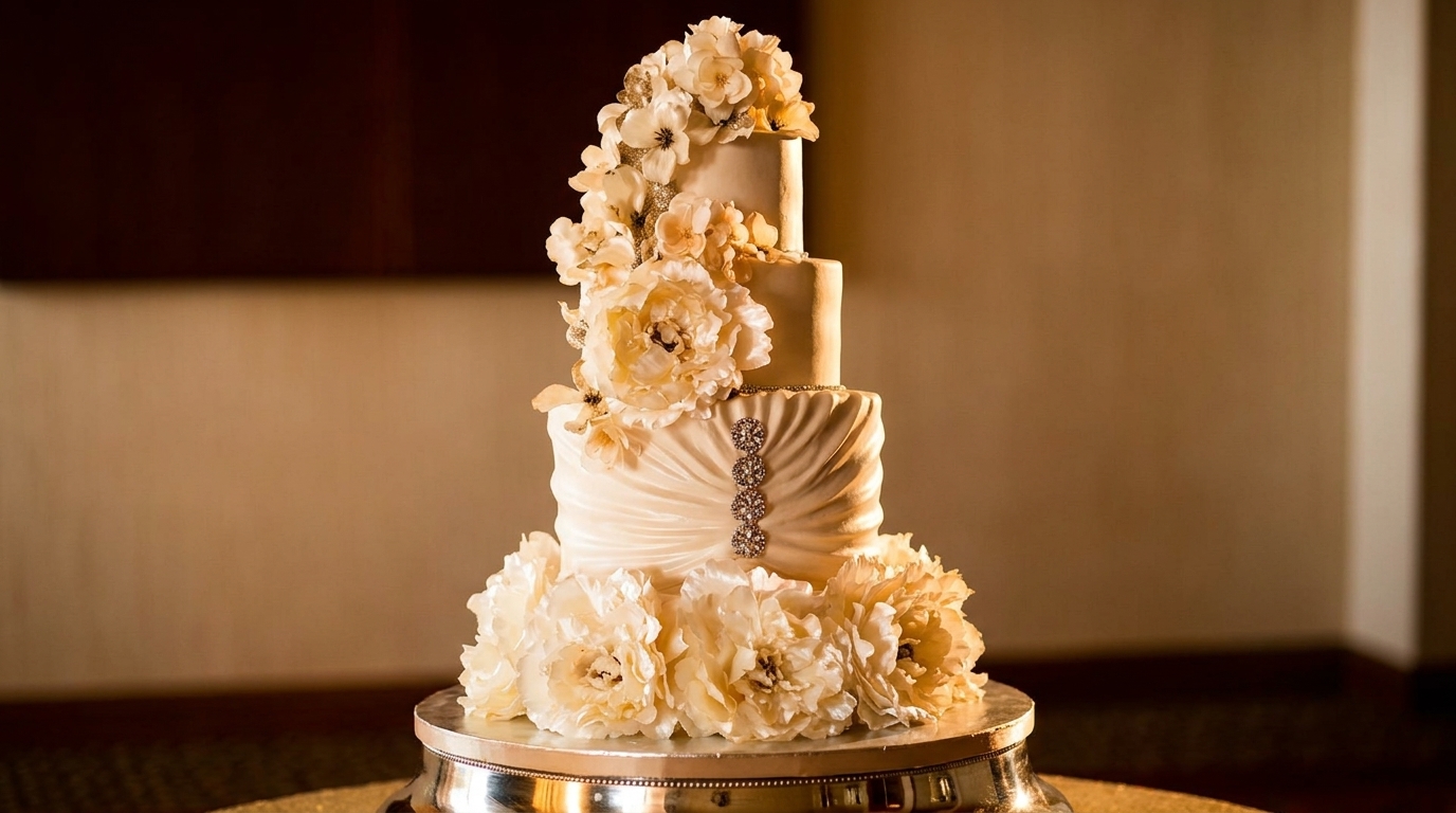 Elegant four-tier wedding cake adorned with white flowers and sparkling embellishments on a silver stand.