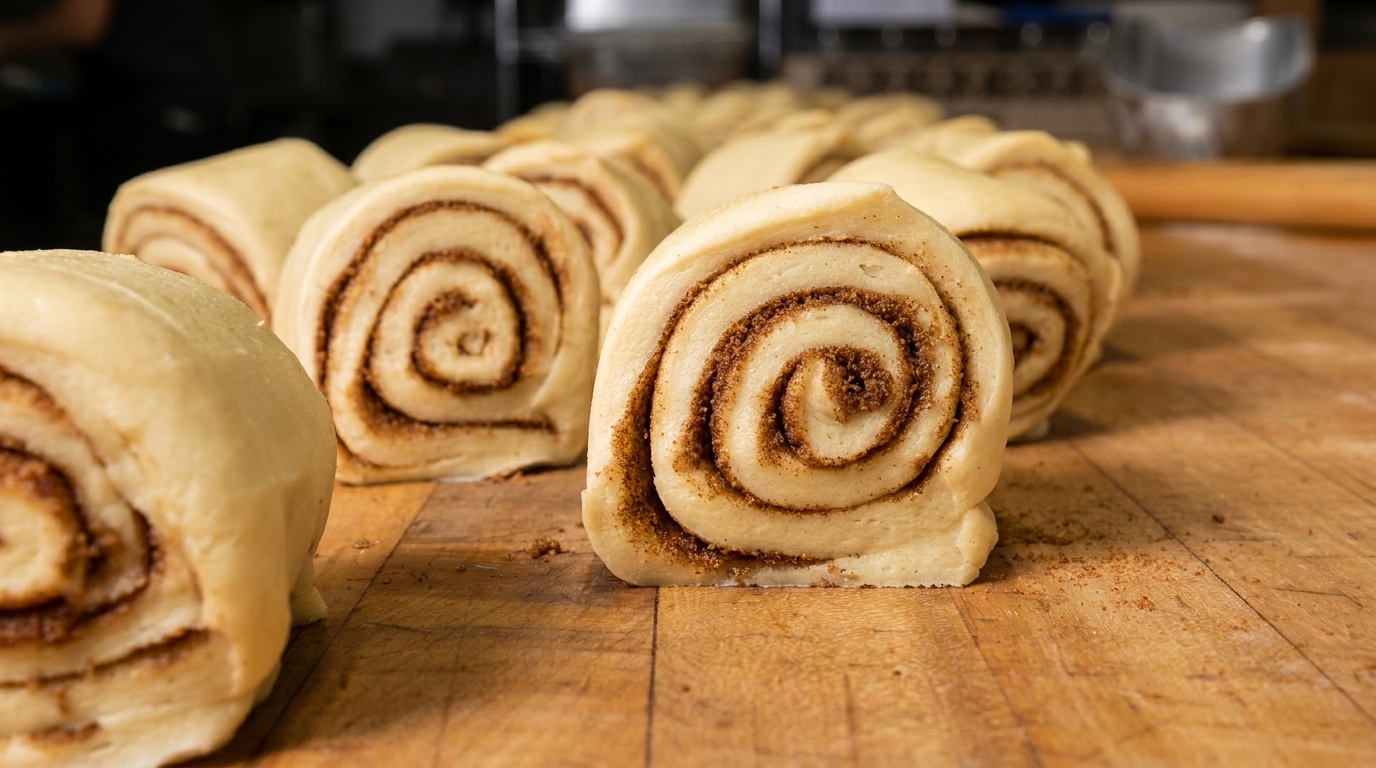 Rows of unbaked cinnamon rolls with visible cinnamon sugar swirls on a wooden surface.