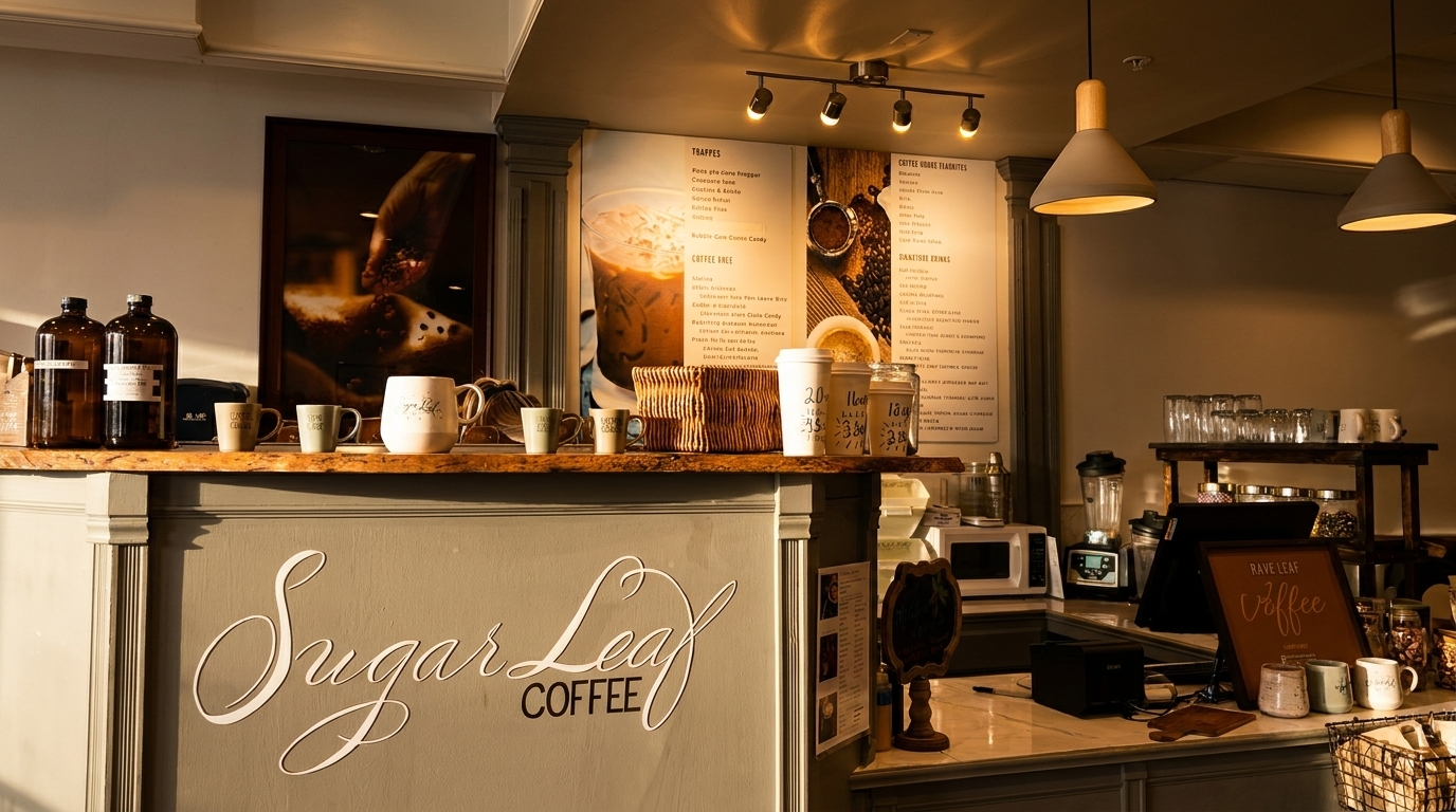 A warm, inviting coffee shop interior with "Sugar Leaf Coffee" on the counter and menu boards.