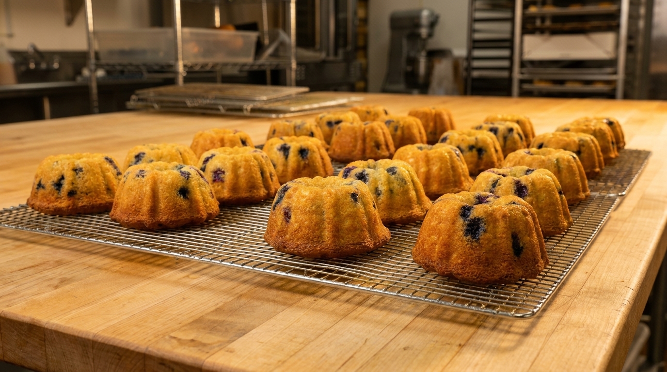 Rows of golden-brown blueberry bundt cakes cooling on wire racks in a commercial kitchen.