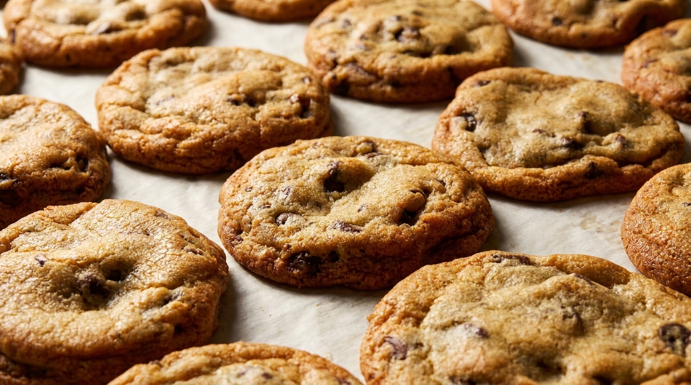Freshly baked chocolate chip cookies with golden-brown edges and melted chocolate chips on parchment paper.