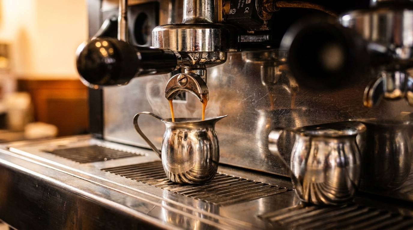 Espresso pouring from a machine into a small, steaming, silver pitcher on a metal grate.