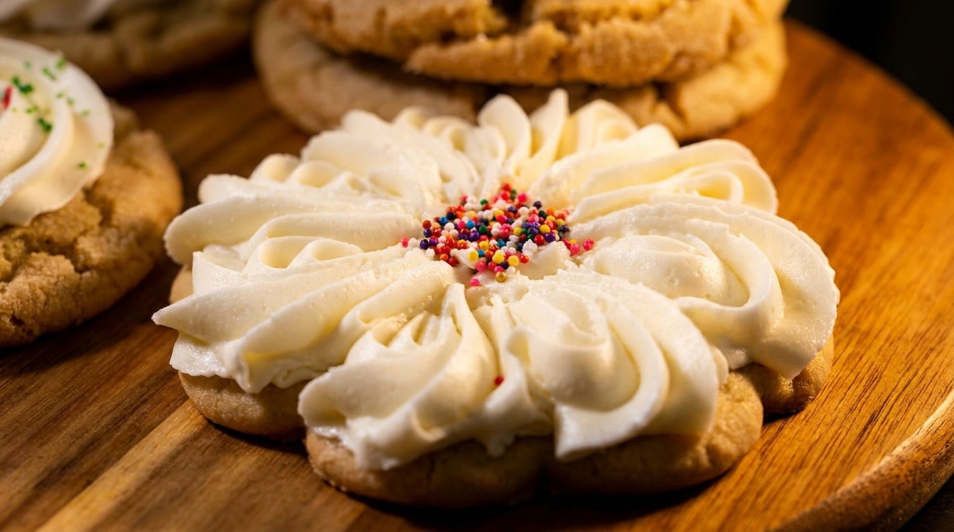 Close-up of a flower-shaped cookie with white frosting and colorful sprinkles on a wooden board.
