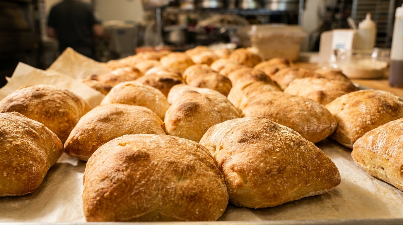 Rows of freshly baked, golden-brown bread loaves on baking sheets in a commercial kitchen.