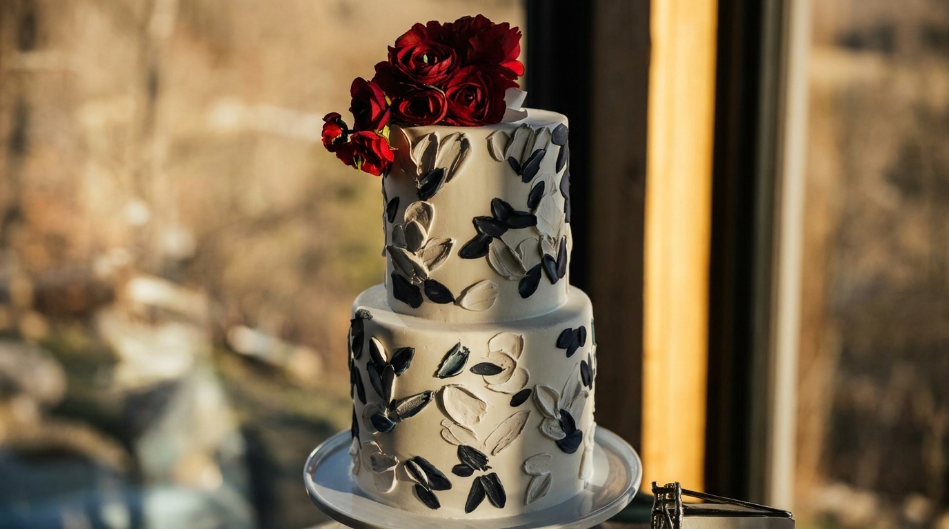 Two-tiered white cake with black and gray textured icing, topped with red roses, against a window.