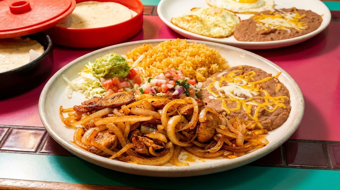 A plate of chicken fajitas with rice, beans, guacamole, and pico de gallo, with tortillas and eggs in the background.