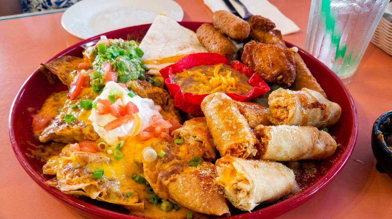 A large platter of nachos, taquitos, quesadillas, and other appetizers with various toppings.