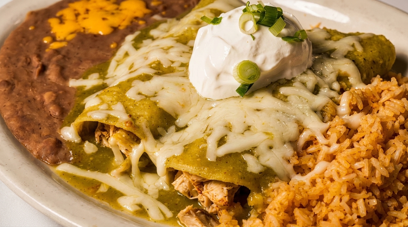 Chicken enchiladas with green sauce, melted cheese, sour cream, rice, and refried beans.