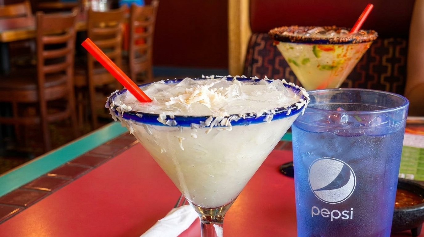 Two margaritas, one coconut and one spicy, with a Pepsi drink on a red table.