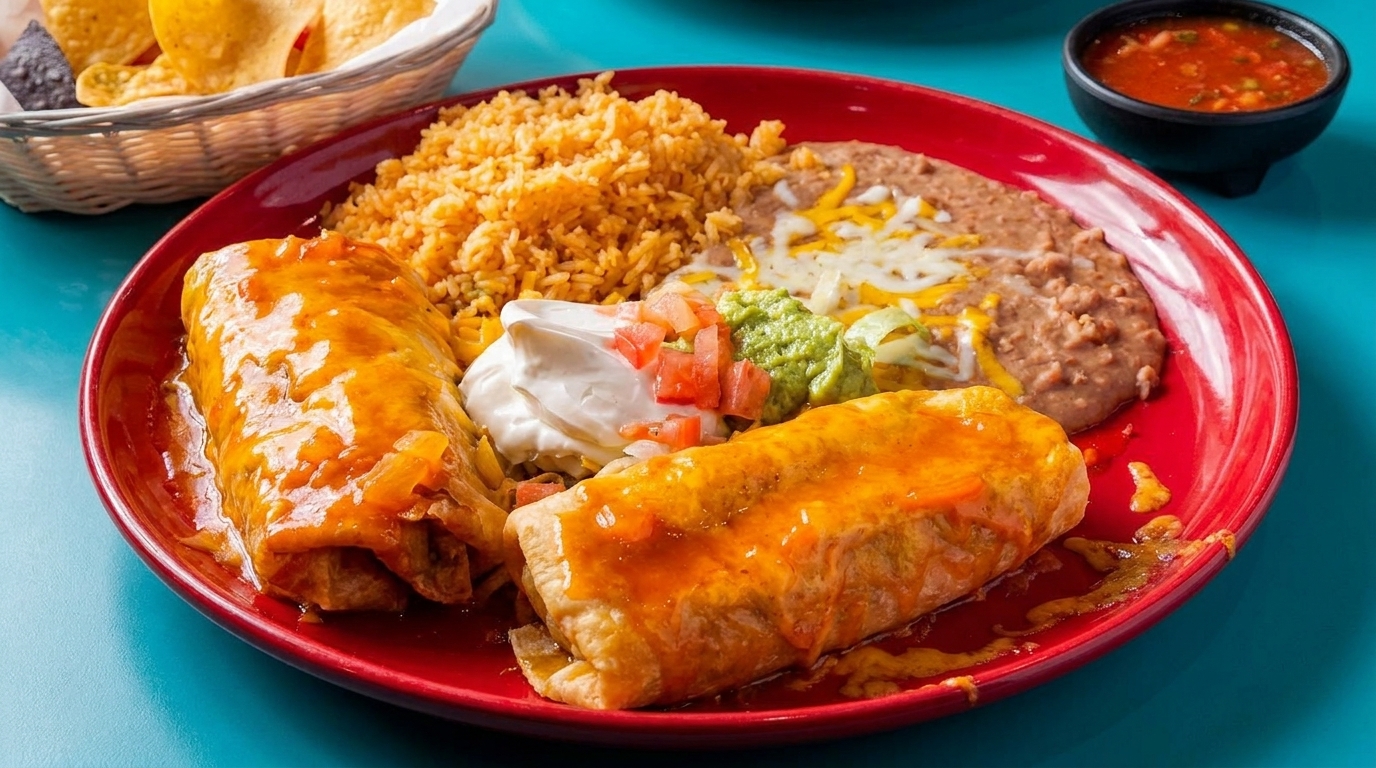 Two burritos with red sauce, rice, refried beans, sour cream, guacamole, and salsa on a red plate.