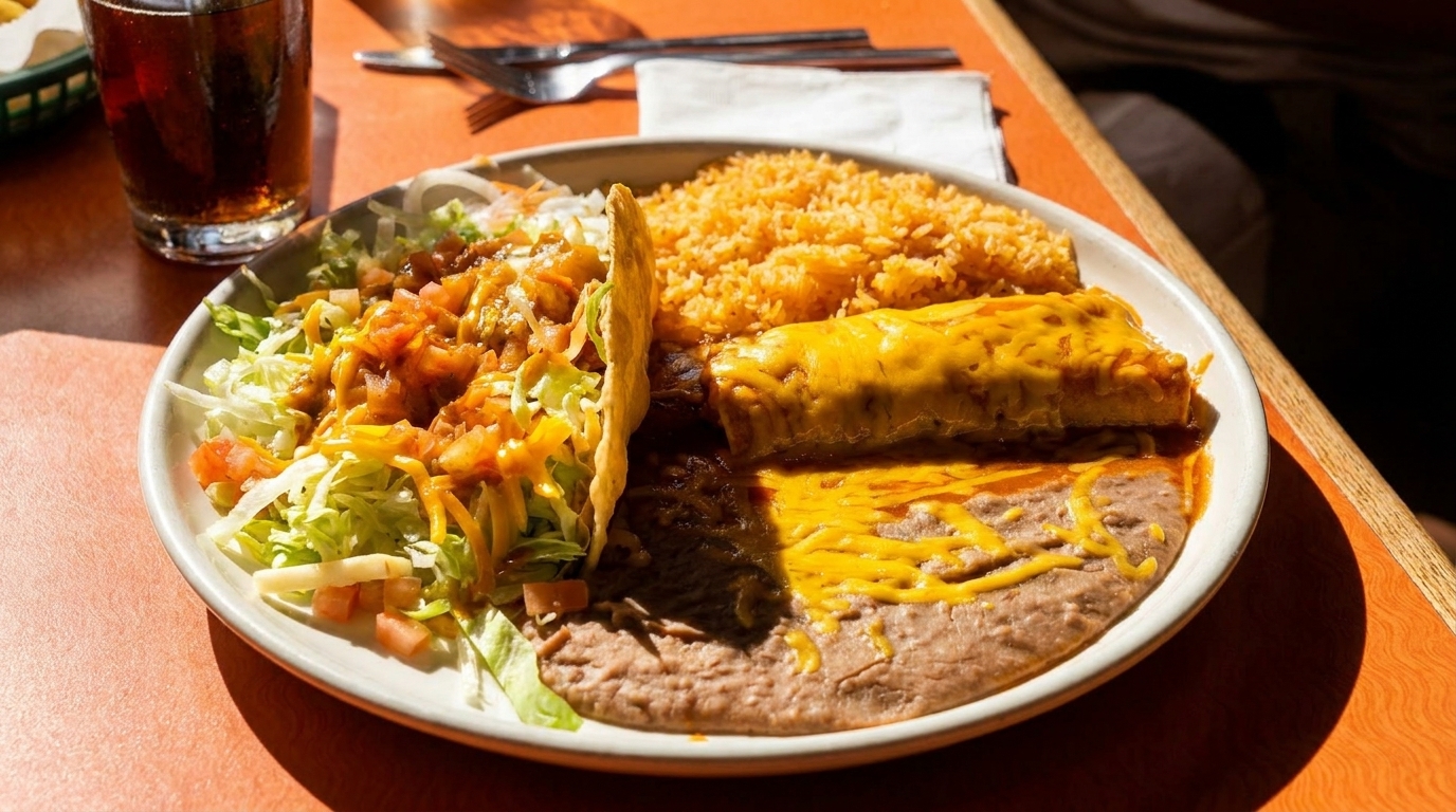 A plate of Mexican food with a taco, enchilada, rice, and refried beans, with a drink beside it.