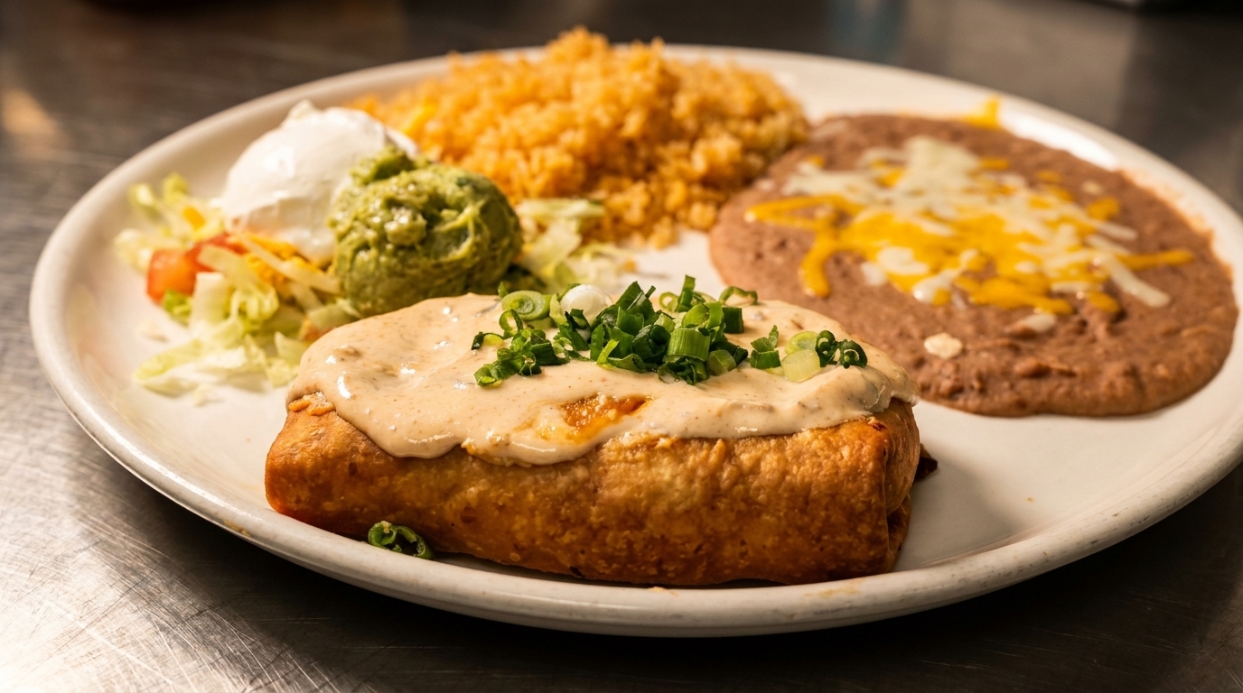 A chimichanga topped with sauce and green onions, served with rice, refried beans, guacamole, and salad.