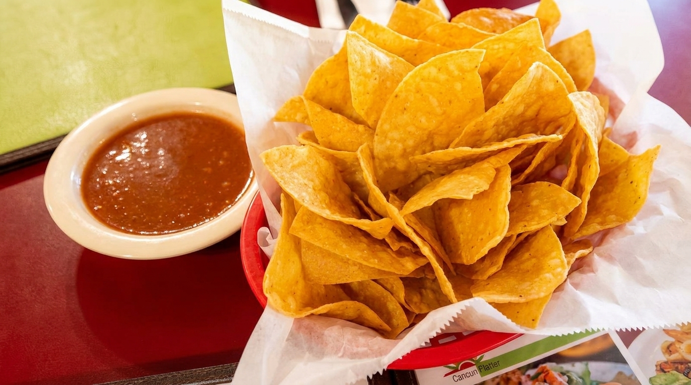 A red basket filled with tortilla chips and a small bowl of salsa on a red table.