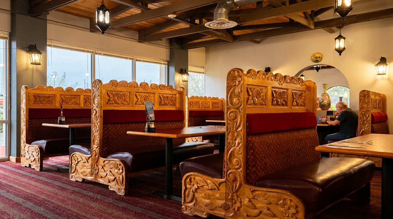 Restaurant interior with ornate wooden booths, red upholstery, and a man dining in the background.