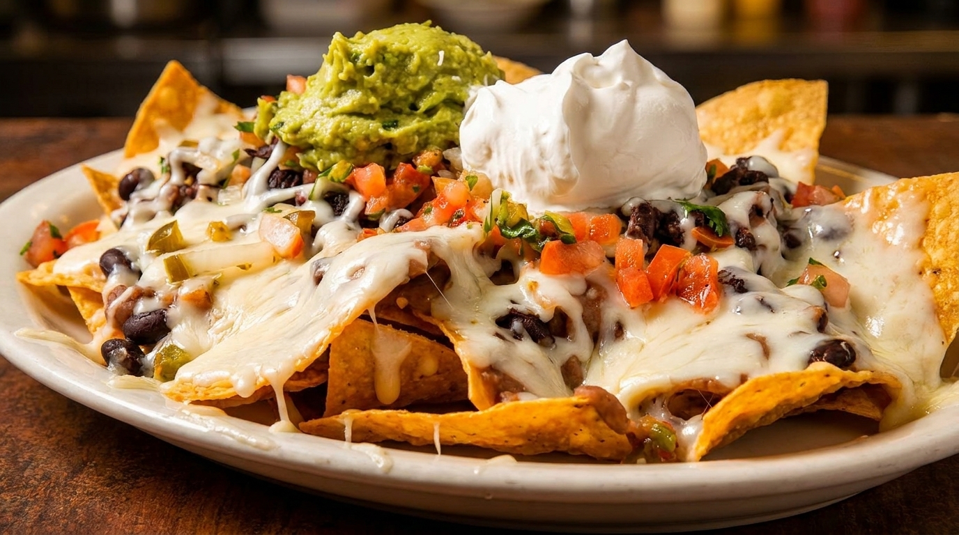 A close-up of cheesy nachos topped with black beans, pico de gallo, guacamole, and sour cream.
