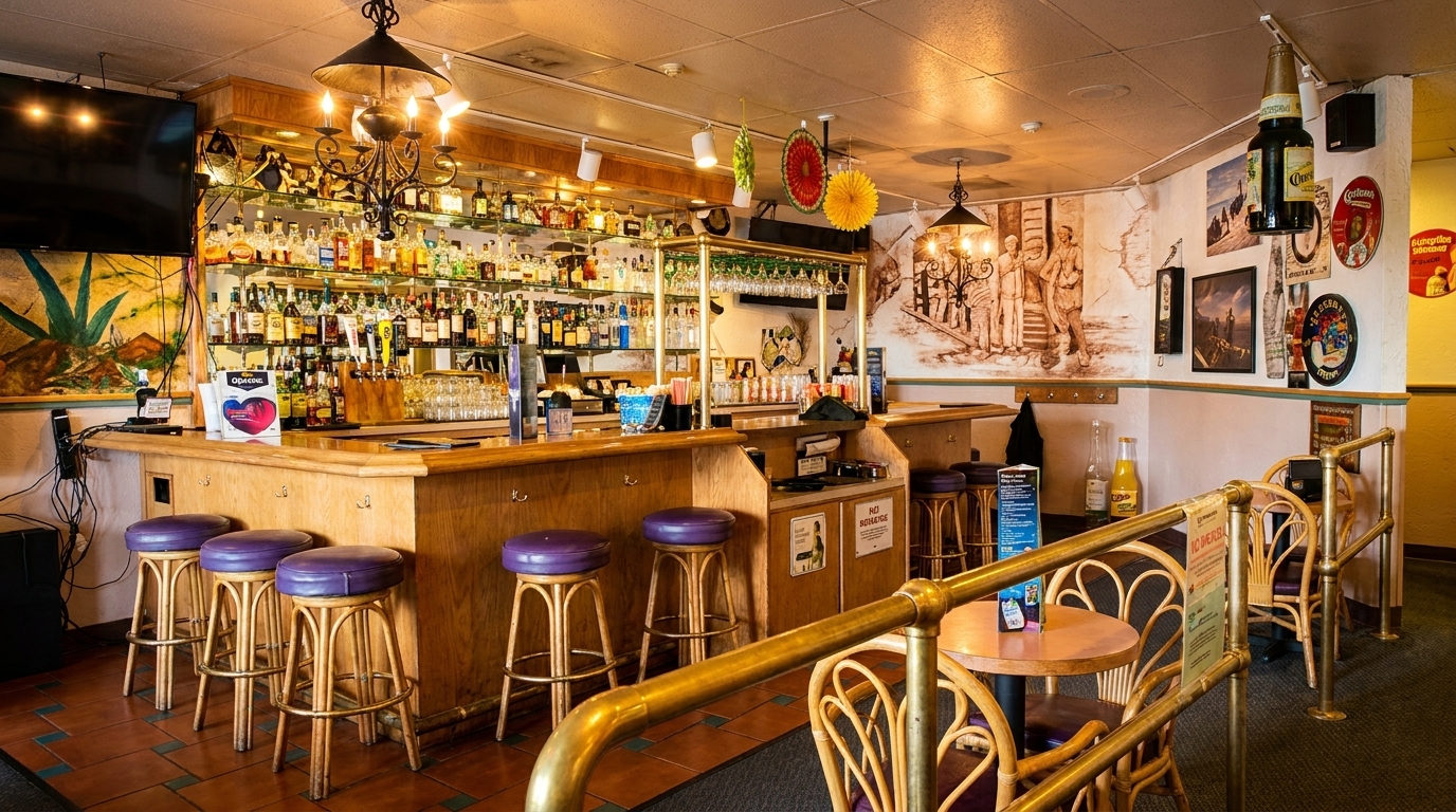A vibrant, well-stocked bar with purple stools and decorative wall art in a restaurant.