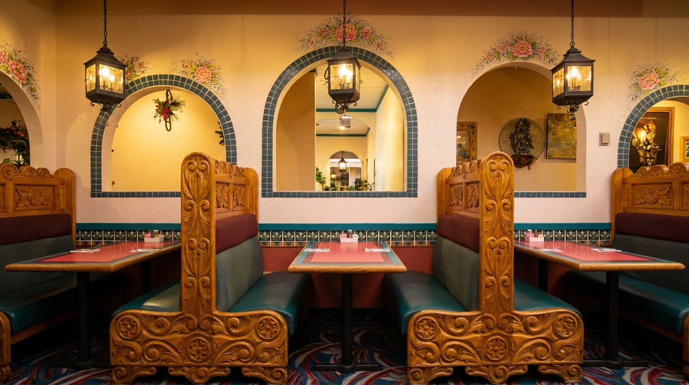 Restaurant interior with ornate wooden booths, red tables, arched windows, and floral wall decor.