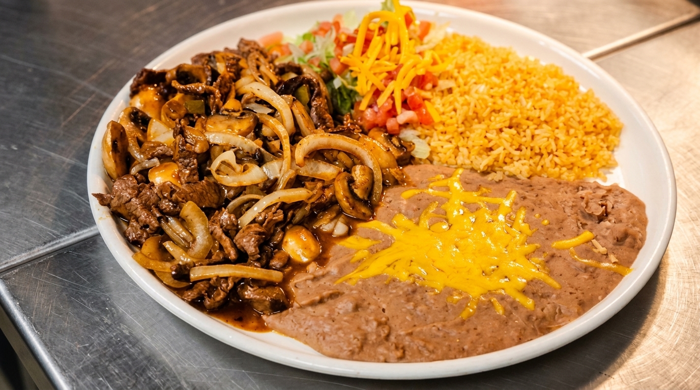 Sizzling steak with onions and mushrooms, rice, refried beans with cheese, and a side salad.