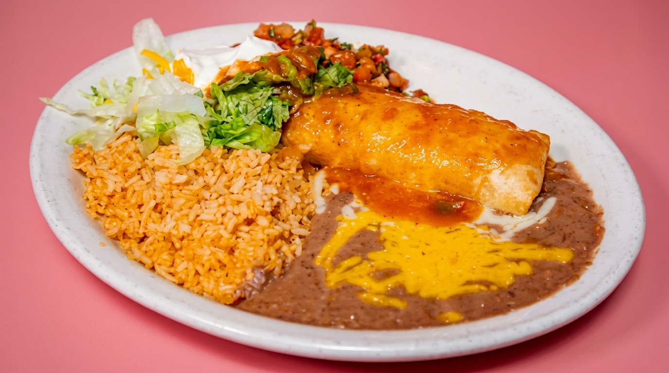 A large burrito covered in red sauce, with rice, refried beans, lettuce, and salsa on a white plate.