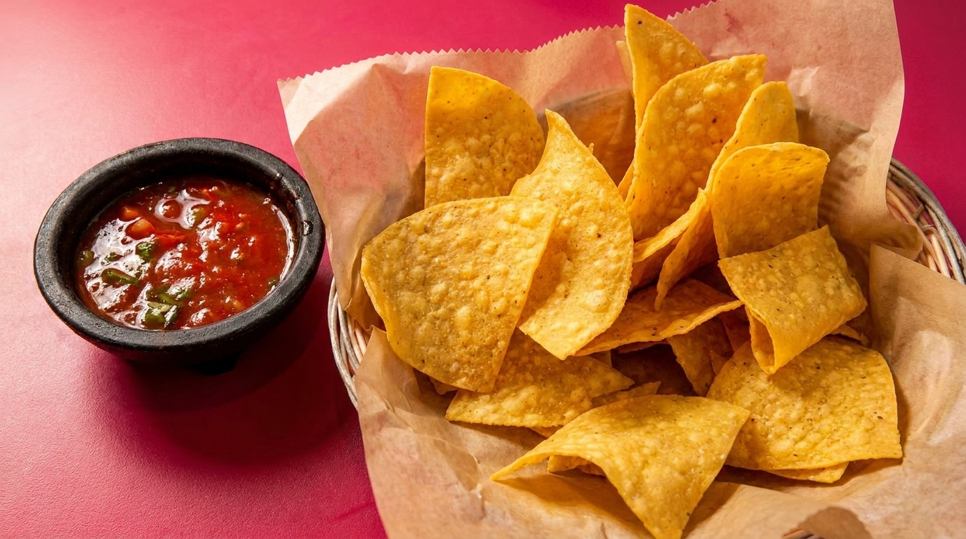 A basket of crispy tortilla chips with a side of vibrant red salsa in a black bowl.