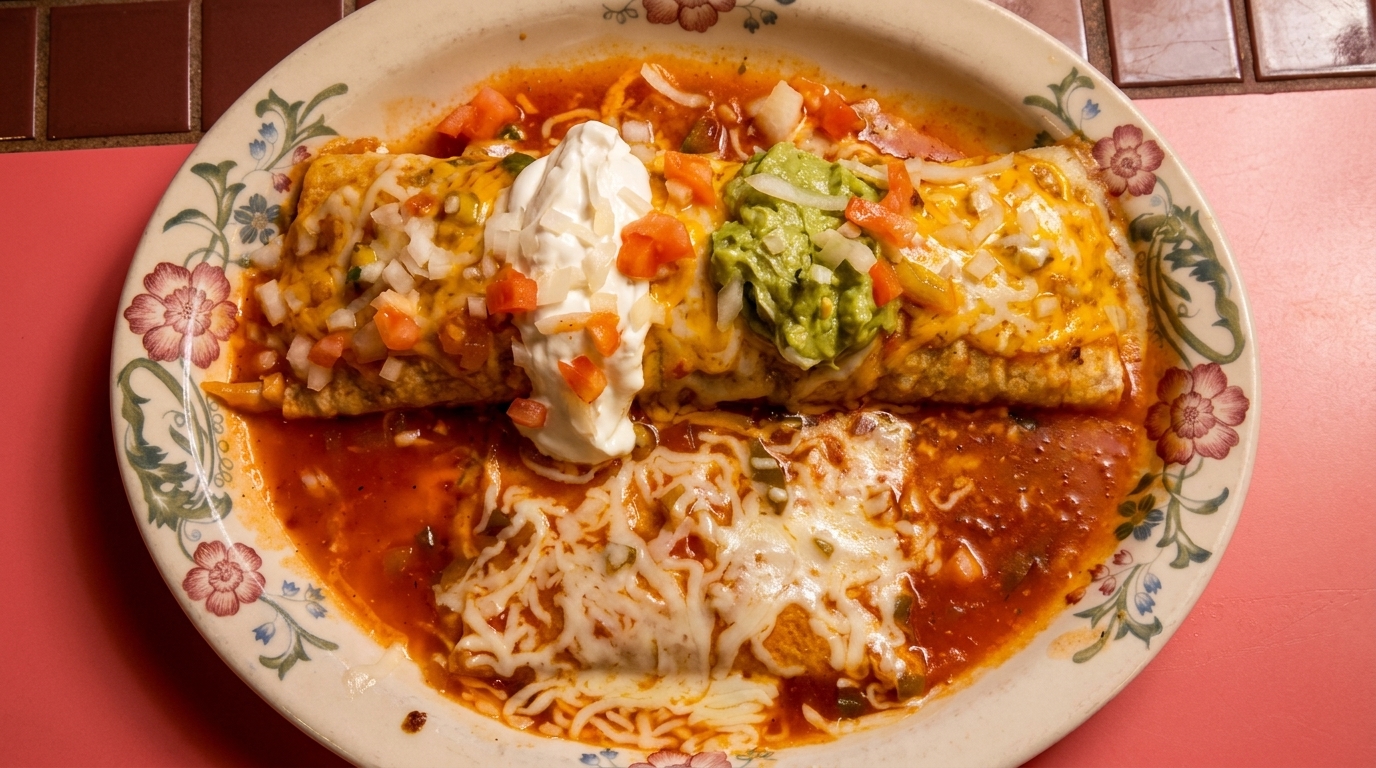 Smothered burrito and enchilada with cheese, sour cream, guacamole, and pico de gallo.