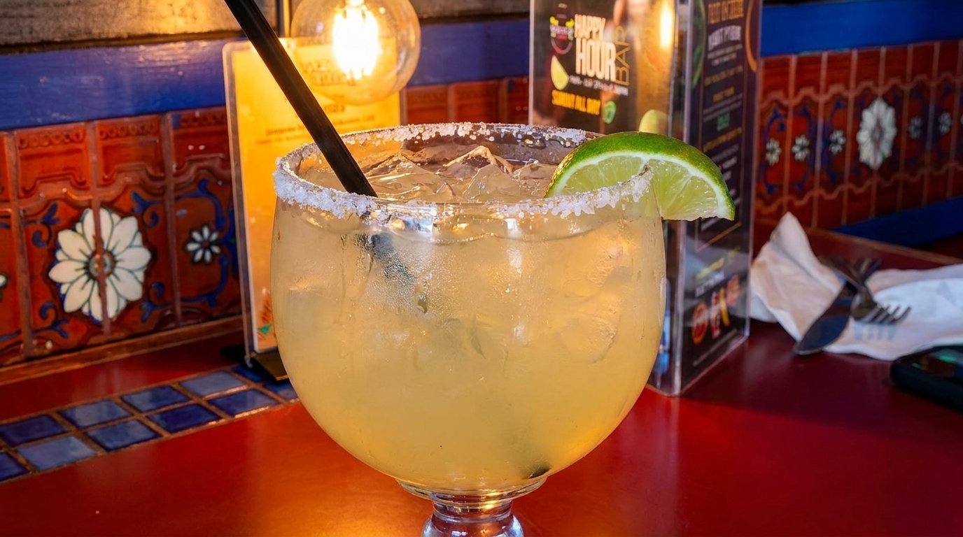 A large, salt-rimmed margarita with a lime wedge and straw sits on a red table.