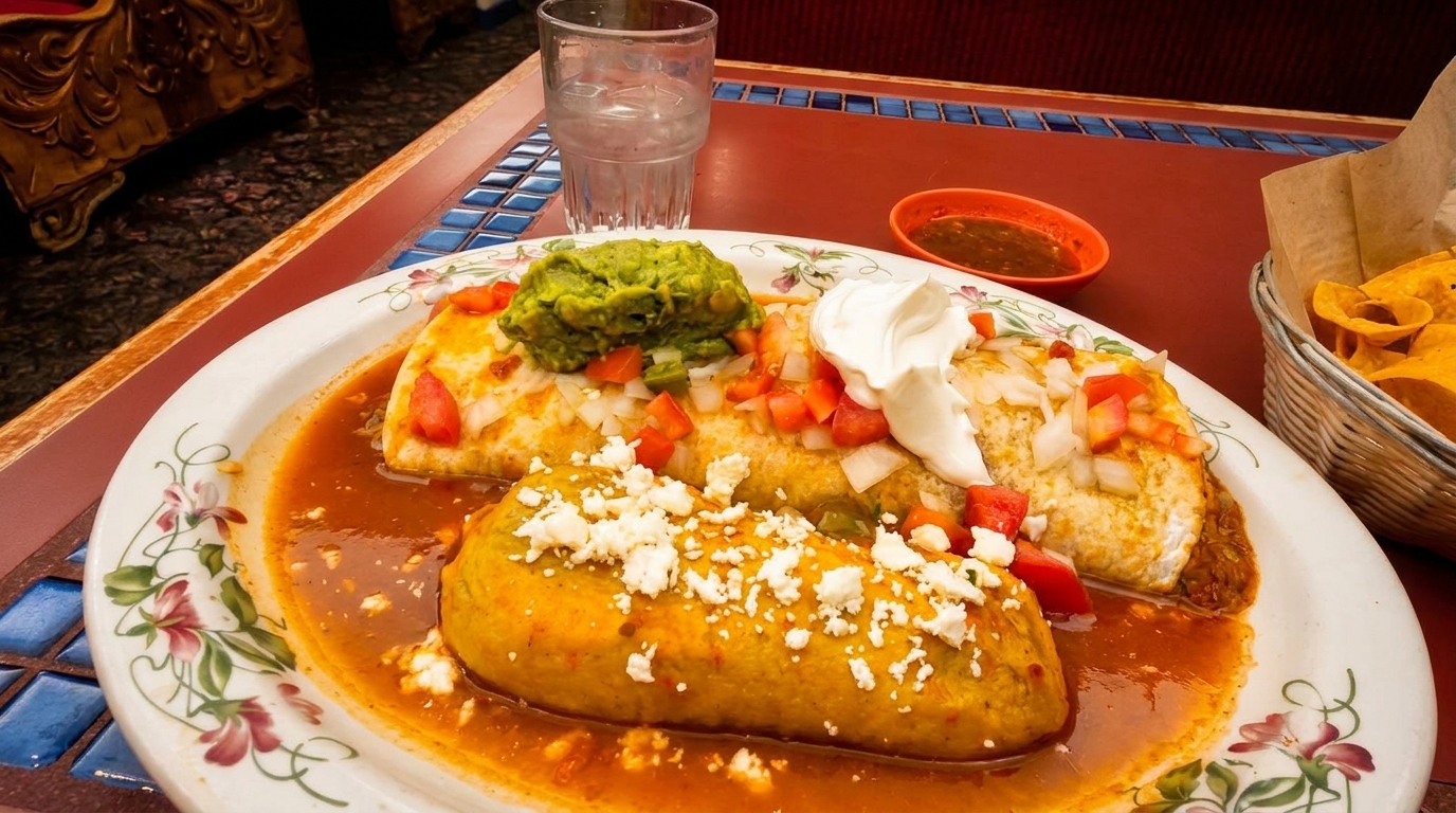 Mexican dish with two burritos, one tamale, guacamole, sour cream, salsa, and tortilla chips.