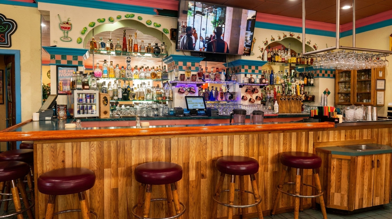 A vibrant, colorful bar with a wooden counter, red stools, and shelves filled with liquor bottles.