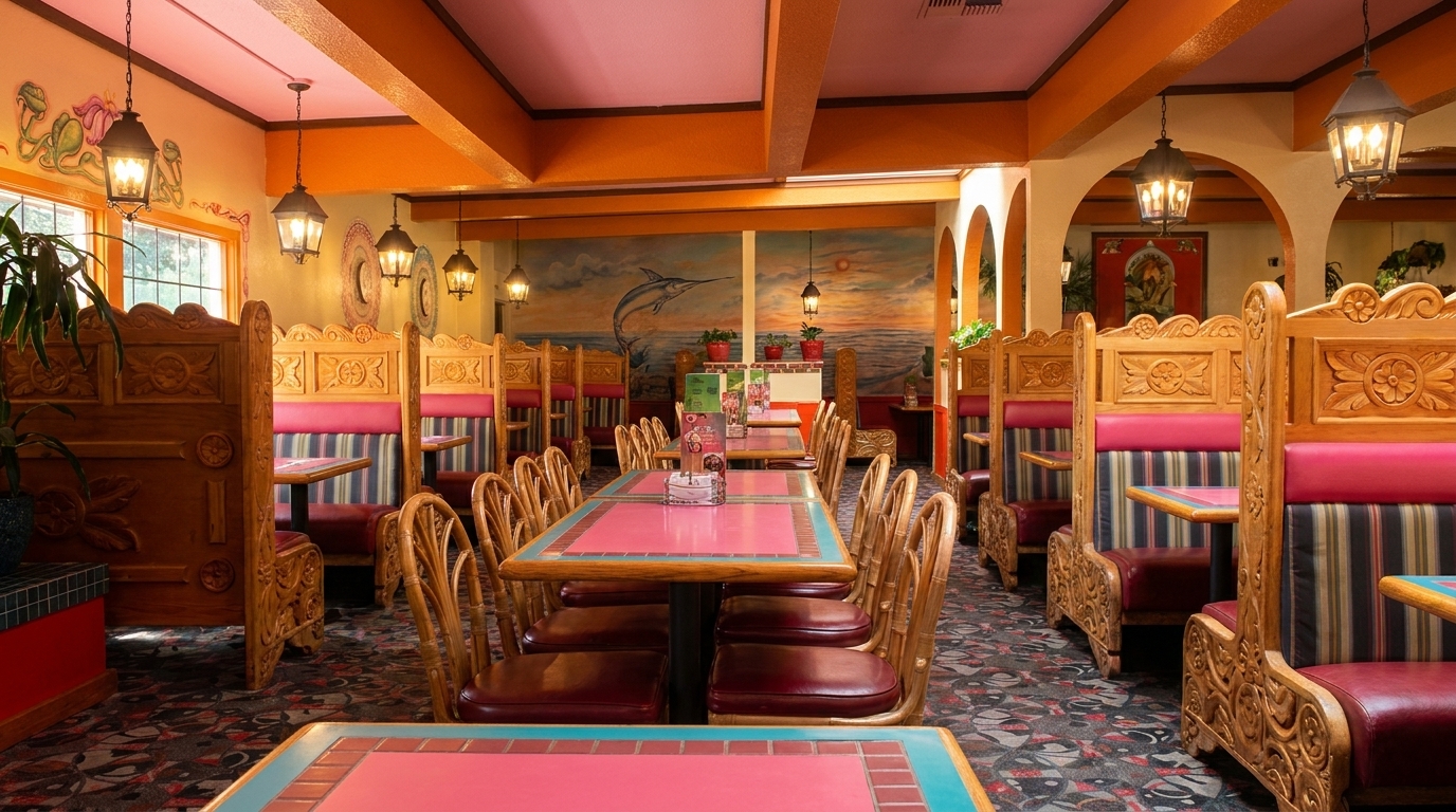 Colorful restaurant interior with pink tabletops, carved wooden booths, and a large mural of a marlin.