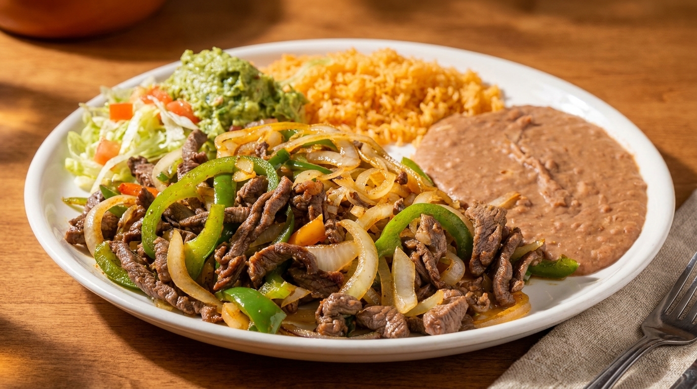 Sizzling beef fajitas with green peppers and onions, served with rice, refried beans, guacamole, and salad.