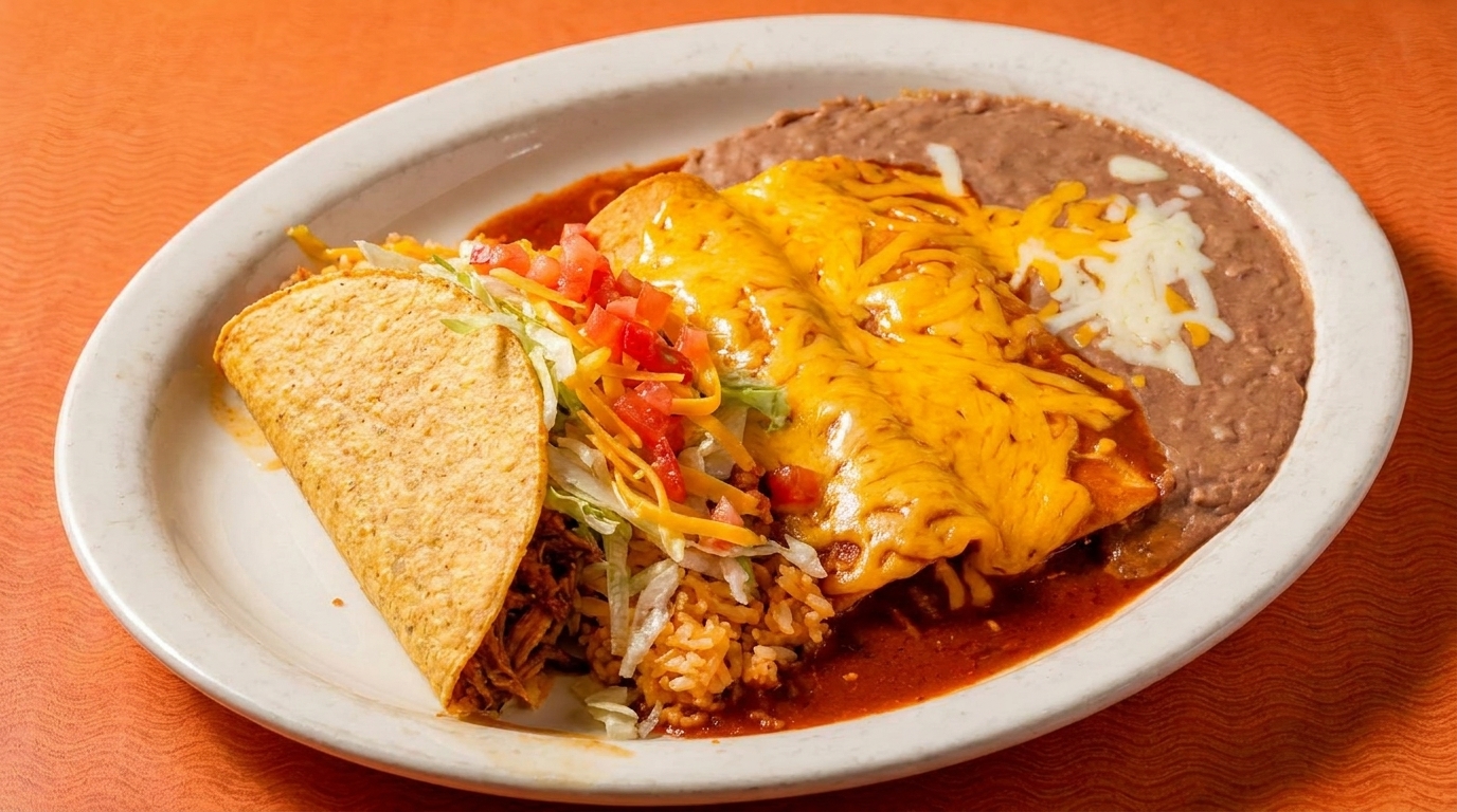 A plate of Mexican food with a hard-shell taco, enchiladas, rice, and refried beans.
