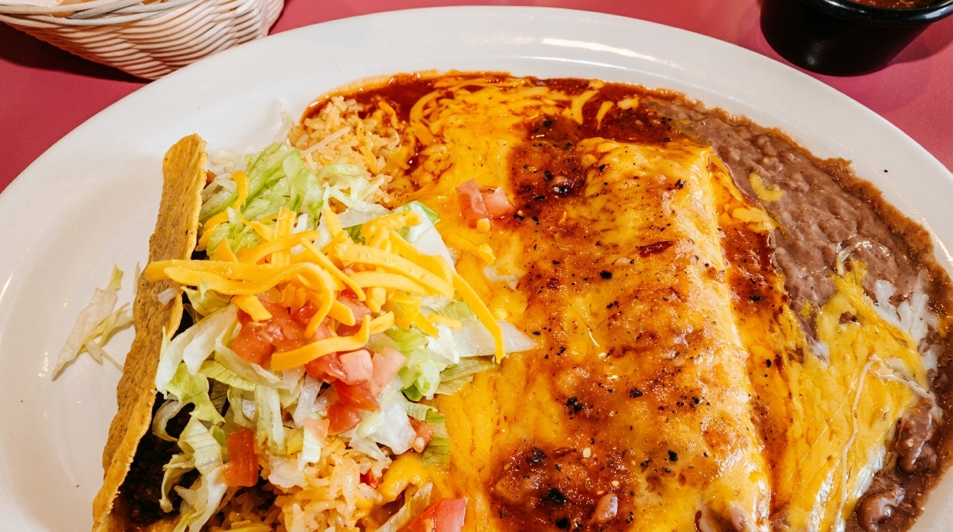 A plate of Mexican food with a taco, rice, and a cheesy enchilada with refried beans.
