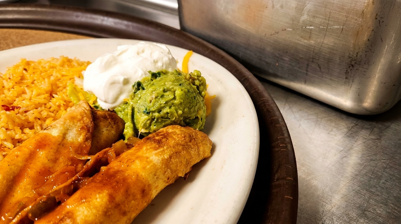Two golden taquitos with rice, guacamole, and sour cream on a white plate.