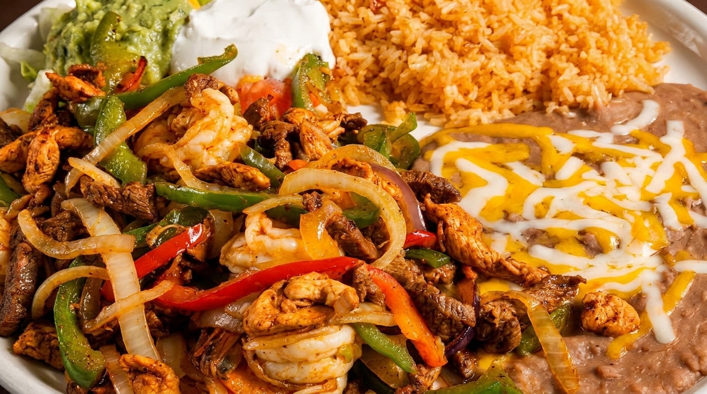 Sizzling fajitas with chicken, steak, shrimp, peppers, onions, rice, refried beans, guacamole, and sour cream.