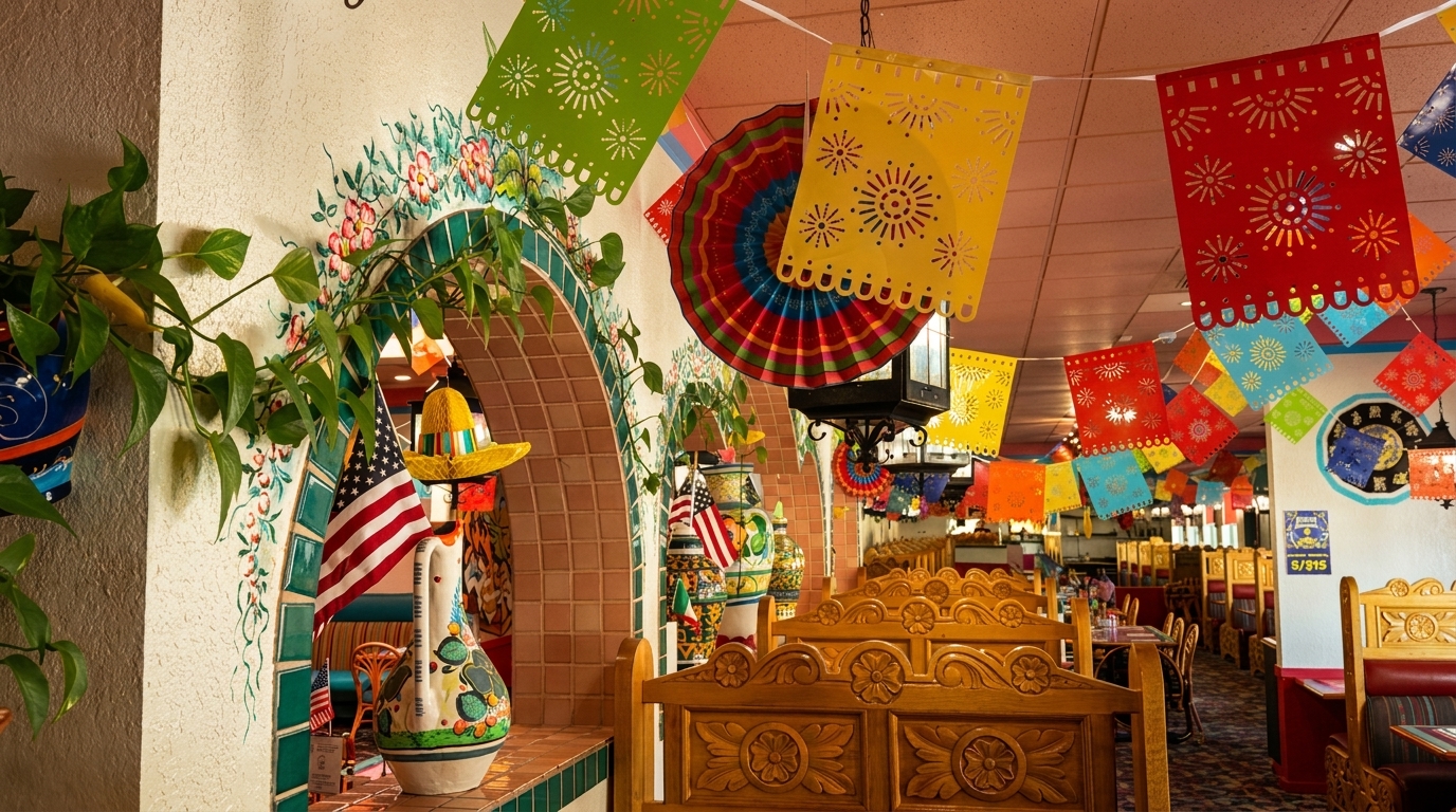 Colorful Mexican restaurant interior with papel picado, carved wooden booths, and decorative archways.