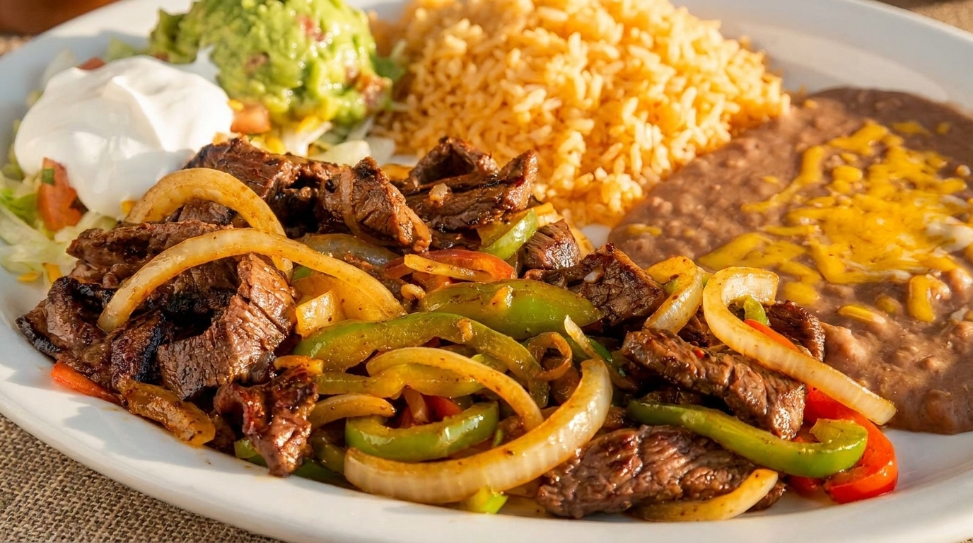 Sizzling beef fajitas with onions and peppers, served with rice, refried beans, guacamole, and sour cream.