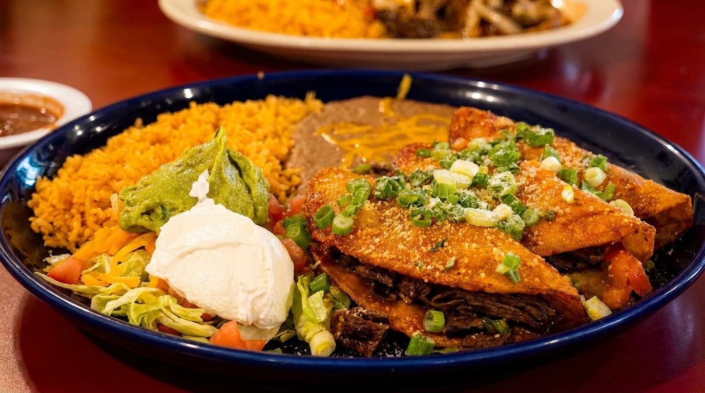 Three crispy tacos with rice, refried beans, guacamole, sour cream, and salad on a blue plate.