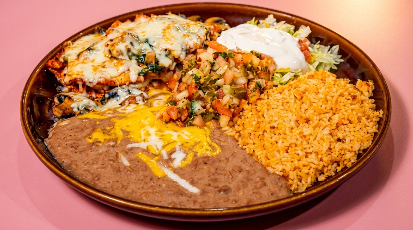 A plate of cheesy enchiladas, refried beans, rice, pico de gallo, and sour cream.