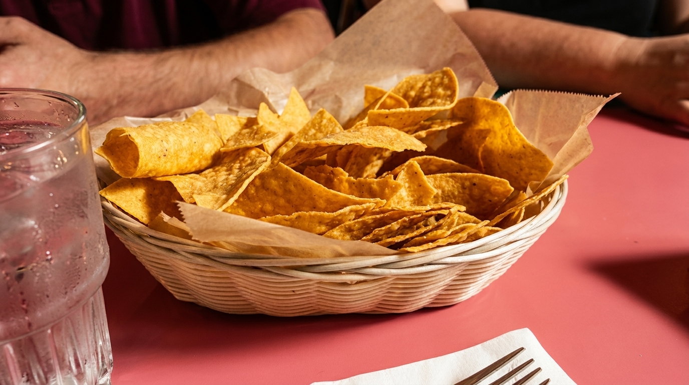 A woven basket filled with crispy tortilla chips and a glass of water on a pink table.