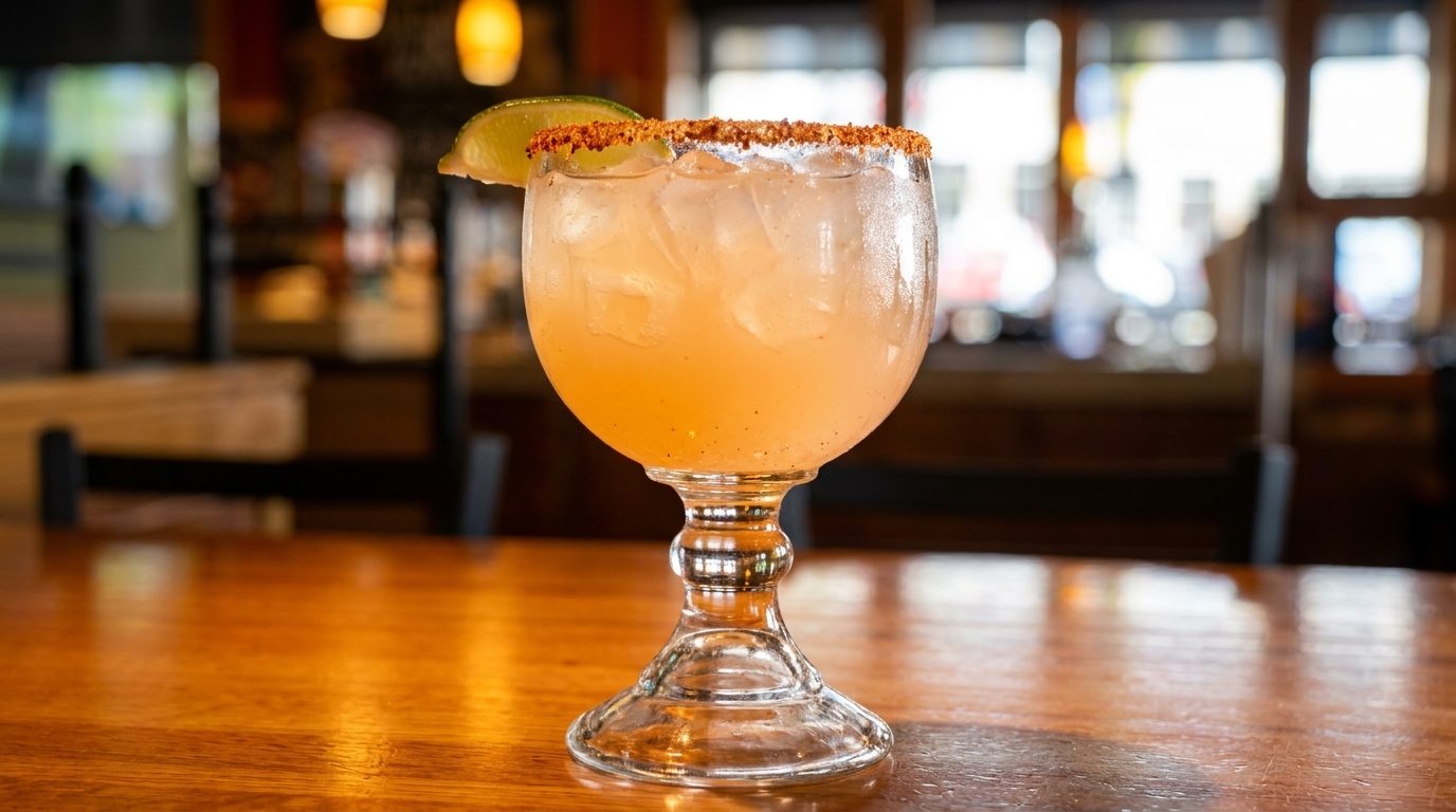 A margarita with a chili-lime rim and a lime wedge sits on a wooden bar.