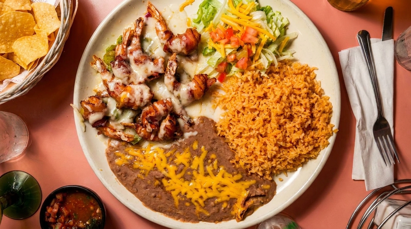 Plate of bacon-wrapped shrimp with melted cheese, rice, refried beans, and a side salad.